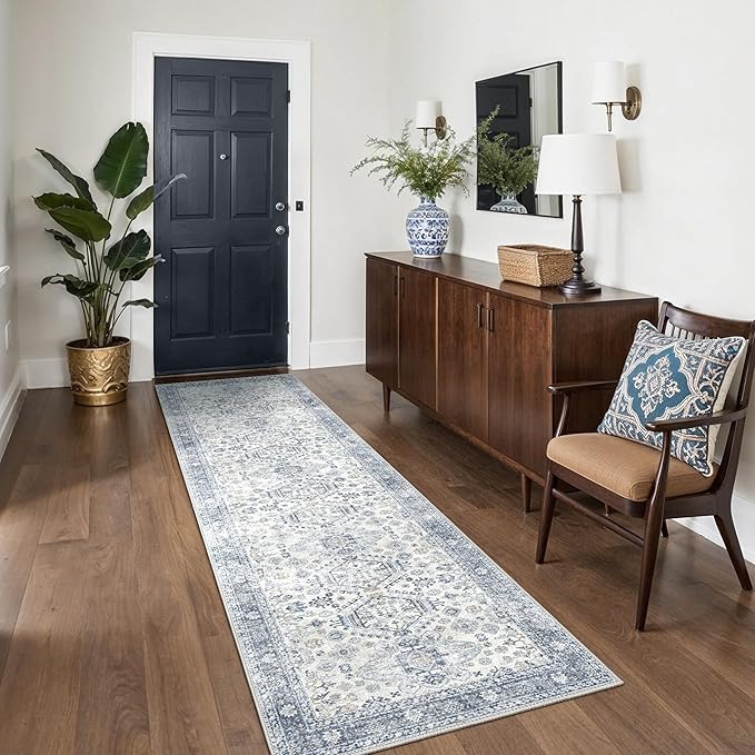 Bavni Washable Runner Rug 2’6”x10, Non Slip Vintage Hallway Runner, Ultra Thin Low Pile Washable Carpet for Kitchen Entryway Bedroom, Light Blue