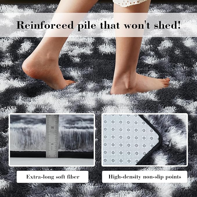 Fluffy Rug Shaggy Area Rug, Mottling Black 2x4 Area Rugs for Bedroom, Small Bedside Rug, Soft Fluffy Shaggy Entryway Throw Rugs for Living Room Bedroom Kids Room Home Decor