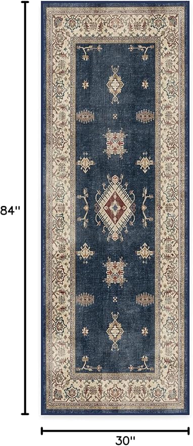 RUGGABLE Washable Vintage Runner Rug – Verena Sapphire 2.5x7, Stain-Resistant, Non-Slip Hallway Runner – Machine Washable Rug for Hallway, Entryway, Living Room & Kitchen–with Cushioned Pad