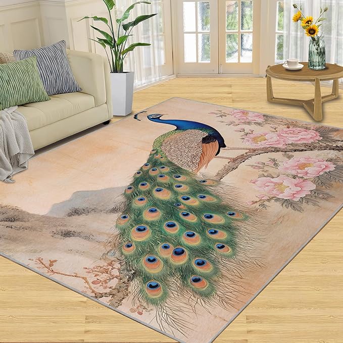 Peacock Peony Area Rug 4x6-4x6 Rug, Classic Peacock Peony Rugs for Living Room, Floral Animal Carpet, Peafowl Feather Washable Area Rugs for Bedroom, Aesthetics Carpet - Peafowl Home Decor & Gifts