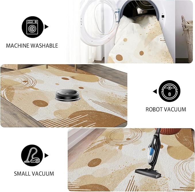 Minimalist Abstract Area Rug 6x9 Beige Boho, Modern Washable Geometric Art Carpet, Soft Non-Slip Low-Pile Carpet for Living Room, Bedroom, Kitchen, Dining Room, Pet Friendly, Non-Shedding, Brown