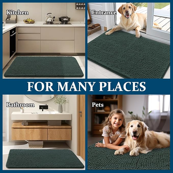 OLANLY Dog Door Mat for Muddy Paws 70x46, Absorbs Moisture and Dirt, Absorbent Non-Slip Washable Doormat, Quick Dry Chenille Mud Mat, Entry Indoor Entryway Carpet for Inside Floor, Blackish Green