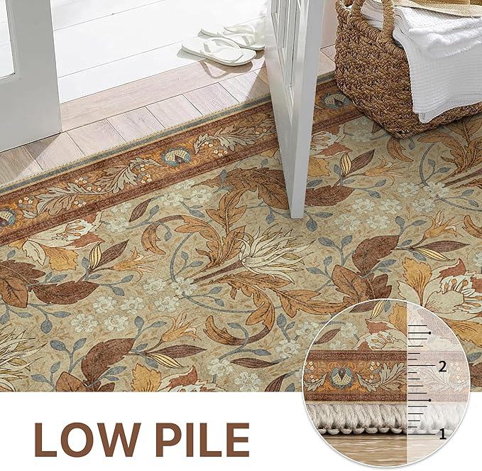 Bavni 8x10 Area Rugs for Living Room, Microfiber Machine Washable Non-Slip Vintage Floral Rug, Low Pile Lightweight Carpet for Bedroom, Dining Room, Home Office, Beige & Terracotta