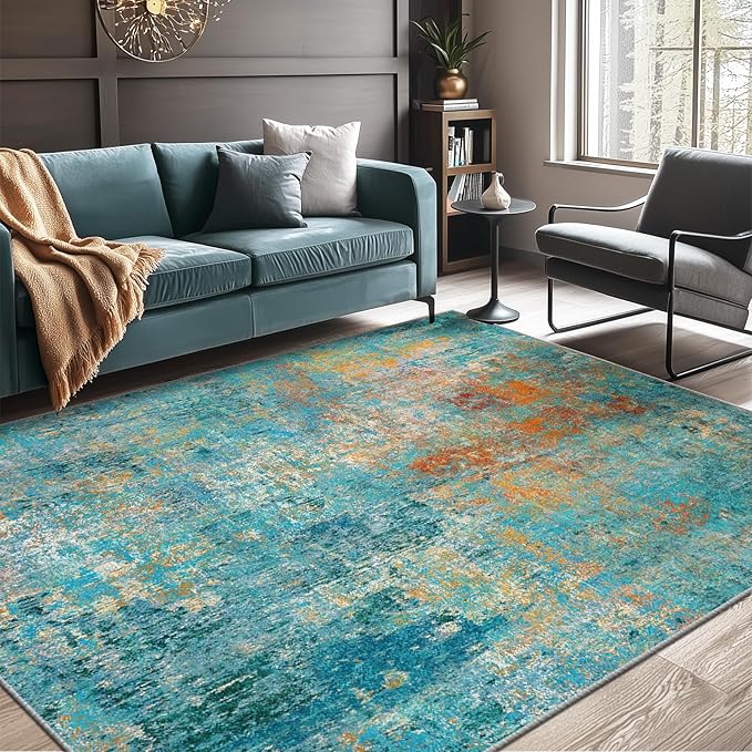 Washable Area Rugs 6'x8' Non-Slip Modern Abstract Soft for Living Room Entryway Bedroom Nursery, Print Pattern, Teal Blue Green Orange Rust Red Colorful