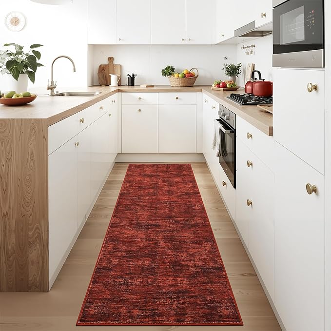 RUGSREAL 2x6 Runner Rug Washable Kitchen Runner Rug Modern Abstract Runner Mat for Hallway Contemporary Solid Rug Non-Slip Foldable Aesthetic Accent Floor Carpet for Living Room Bedroom, Red