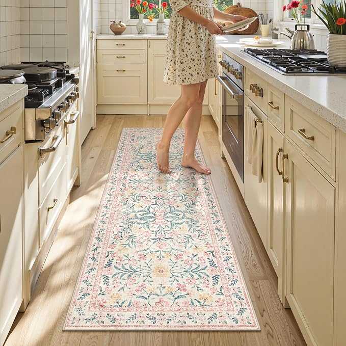 Lahome Boho Hallway Runner Rug 2x6,Floral Kitchen Runner Rugs Non Skid Washable,Super Soft Indoor Throw Carpet for Girls Bedroom Bedside Bathroom Laundry Room, Pink/Multi