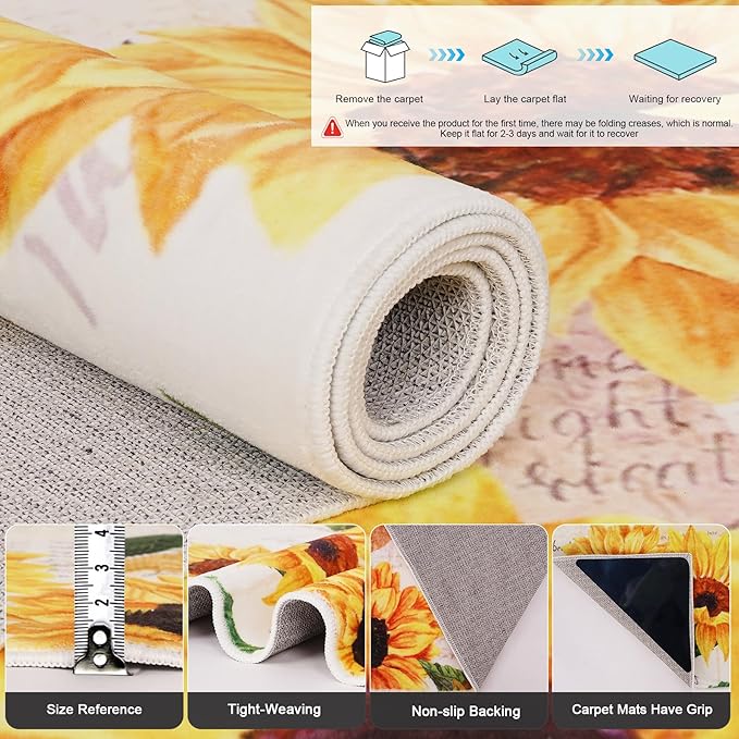 Sunflower Rug 5' x 7' Large Oil Painting Artwork Rugs for Living Room Bedroom, Non Slip Washable Low-Pile Soft Indoor Floor Throw Carpet for Apartment Bathroom Dining Room