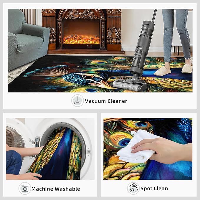 Peacock Rugs for Bedroom - 3x5 Area Rug - 3D Peacock Rugs for Living Room, Abstract Watercolor Animal Rug, Non-Slip Washable Home Decor Carpet