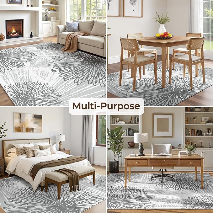 WITSHOCK 9x12 Washable Rug for Living Room,Modern Floral Distress Print Pattern Area Rugs,Stain Resistant with Non Slip Backing Carpet for Dining Room,Bedroom & Home Decor,Grey White