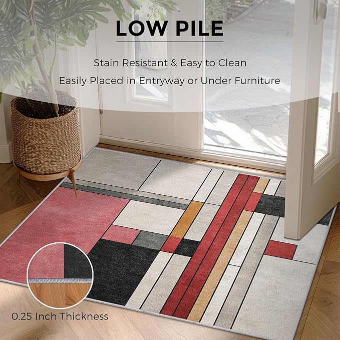 8x10 Abstract Geometric Rugs for Bedroom Decor, Washable Black White Red Pattern Area Rug, Living Room Home Decoration, Non Slip Soft Thin, Minimalist Modern Decor Large Carpet PF-P 49