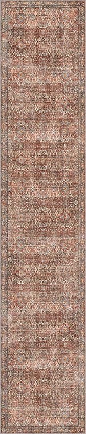 2x10 Runners Machine Washable Boho Rug for Hallway,Ultra-Thin Low Pile,Lightweight Carpet,Non Slip Floral Runners for Enrtyway, Corridor, Home Office, Kitchen,Terracotta/Indigo