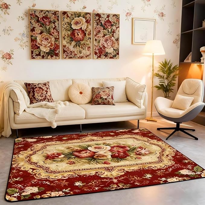 Elegant Red Floral Large Area Rug 5x7 Gold Geometric Living Room Rug | Bohemian Nordic Floral Rugs for Bedroom, Antique Decor Victorian Damask Carpet Indoor Floor Mat