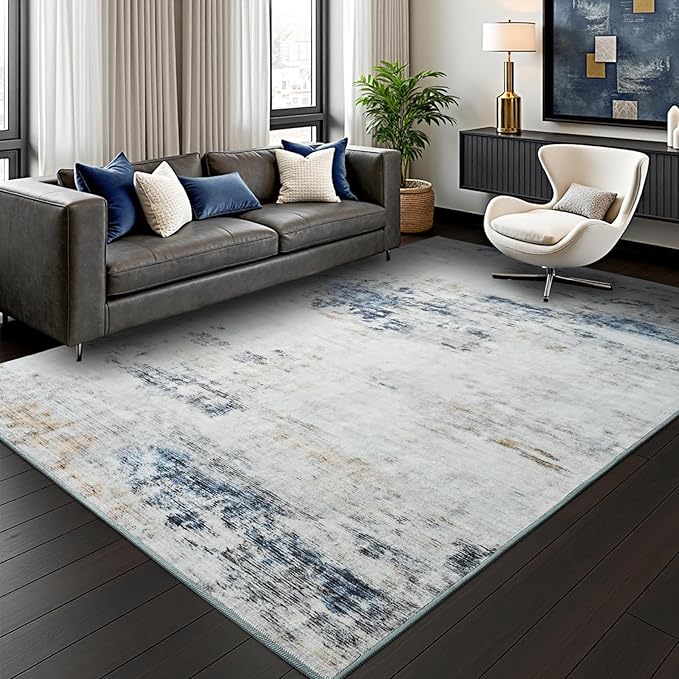 Toneed Abstract Area Rug Modern Washable Rug Soft Non Slip Rug Low Pile for Bedroom Living Room Dining Room Blue/White 4x6 Feet