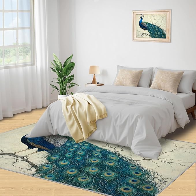 Peacock Area Rug 2x3-2x3 Rug, Peafowl Rugs for Living Room, Teal Turquoise Carpet, Modern Style Washable Area Rugs for Bedroom, Peacock Feather Carpet - Peafowl Home Decor & Gifts