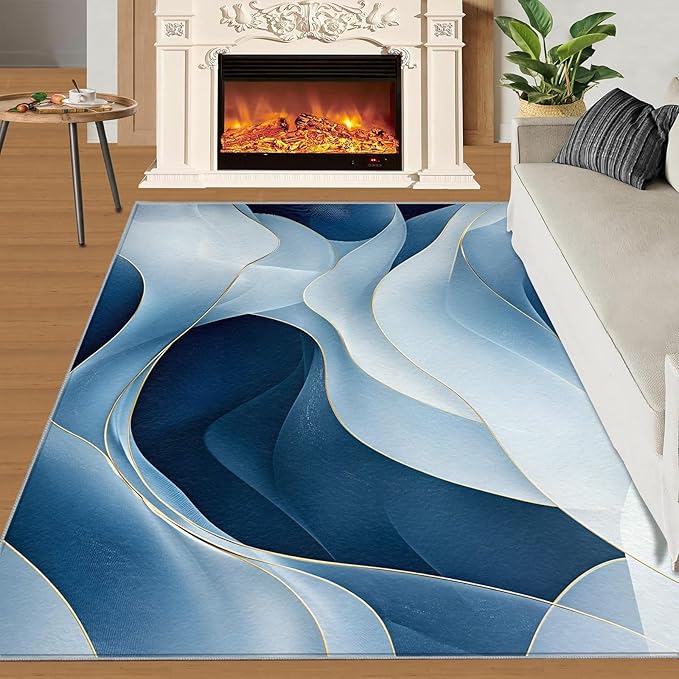 5x7 Abstract Lines Rugs for Bedroom - Blue-White-Waves Print Rug, Modern Abstract Rug Non Slip Soft Rugs for Living Room Hardwood Floors Teen Room
