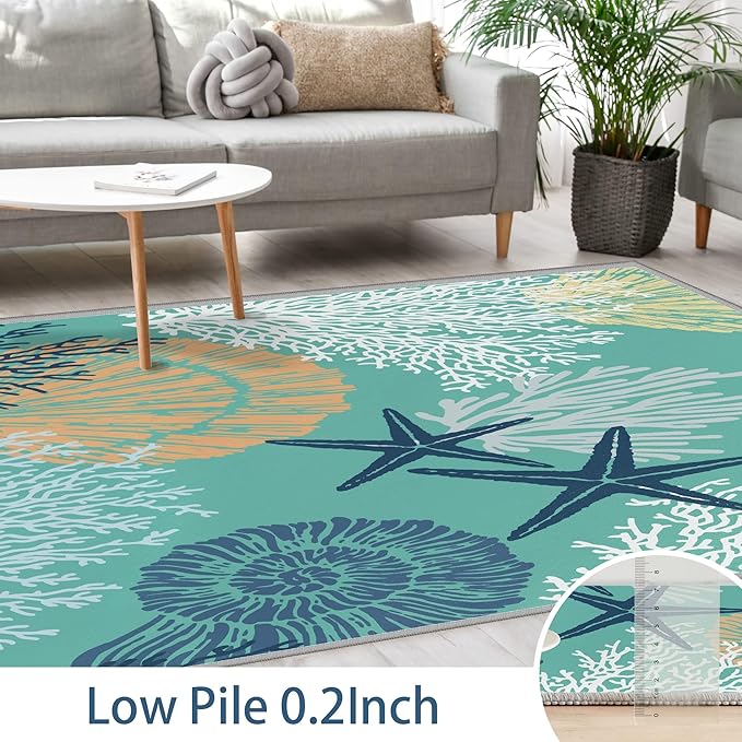 Tritard Coastal Area Rugs Nautical Beach Themed Non-Slip Machine Washable Rugs Modern Floor Carpet for Living Room Bedroom, 8x10, Teal and Turquoise