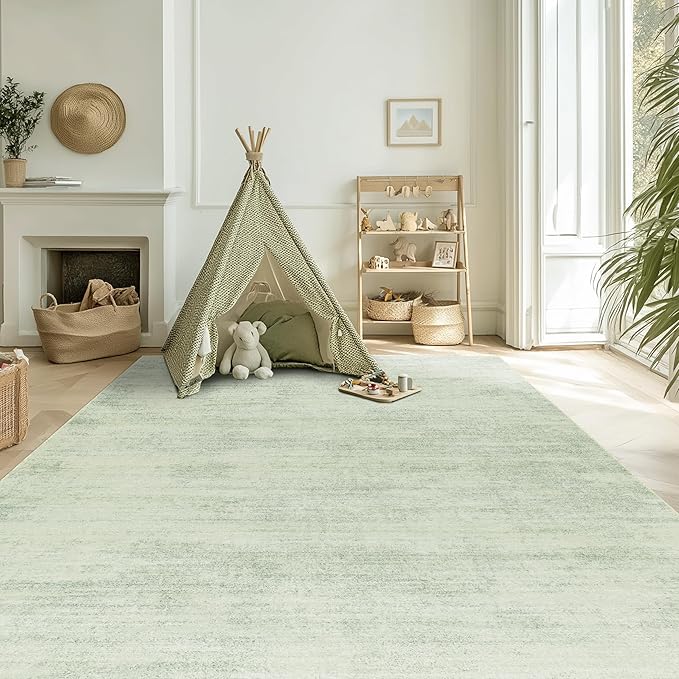 Sage Green 9x12 Area Rug Living Room Minimalist Modern Abstract Style Extra Large Rugs for Office Dining Room Table Light Green Low Pile Floor Covering Carpet with Non Slip Washable