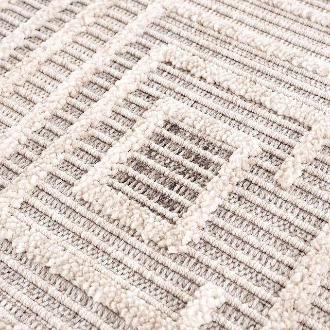 Hauteloom Lunao Farmhouse Living Room Bedroom Moroccan Square Pattern Abstract Area Rug - Soft Shaggy High Low Carpet - High Pile - Bohemian, Boho - Gray, Brown, Beige, Cream - 5'3" x 7'