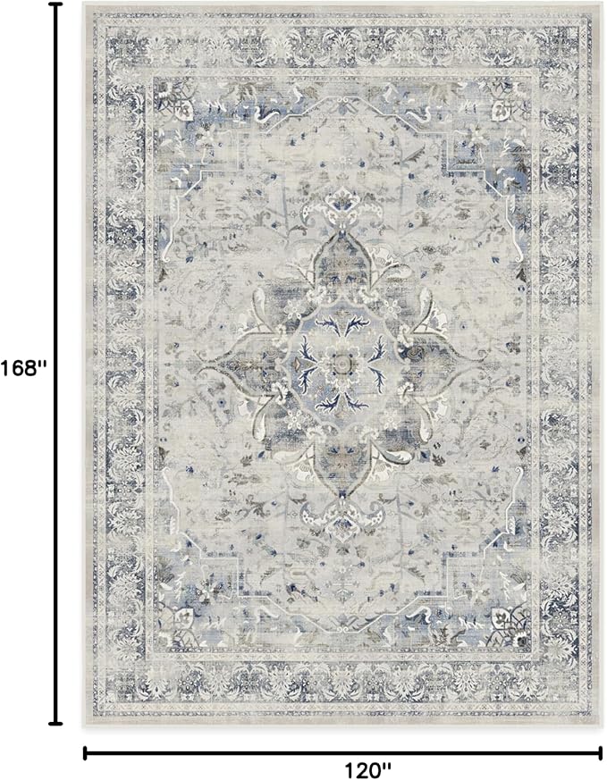 RUGGABLE Washable Vintage Area Rug – Sarrah Blue Quartz 10x14, Stain-Resistant, Non-Slip – Large Machine Washable Rugs for Living Room, Bedroom, Hallway, Entryway & Office–with Standard Pad