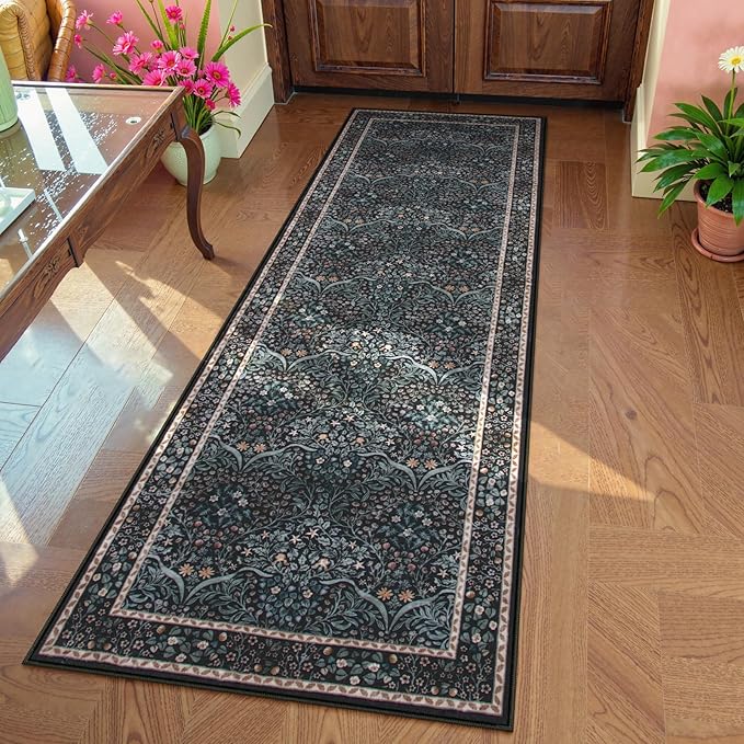 Lahome Floral Washable Kitchen Runner Rug, 2x6 Runners for Hallways Non Slip Ultra-Thin, Boho Soft Hallway Rug Forest Stain Resistance Black Carpet for Bedroom Bathroom Laundry Room, Black