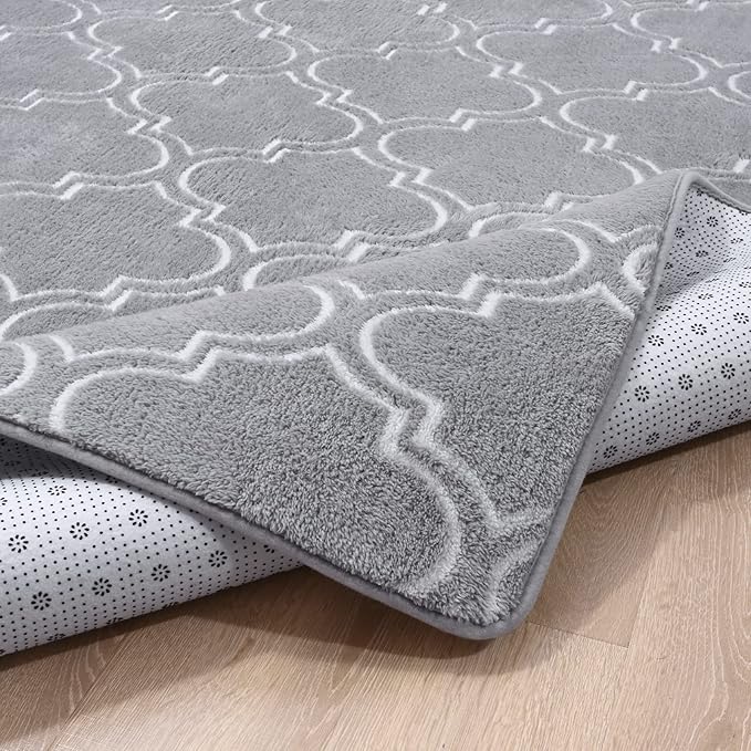 Amearea Fluffy Indoor Area Rug, Soft Trellis Moroccan Rugs for Bedroom, Shag Modern Area Rug for Living Room Kids Room Nursery, Easy Clean, Home Decor Low Pile Carpet, Light Gray 6x9 Feet