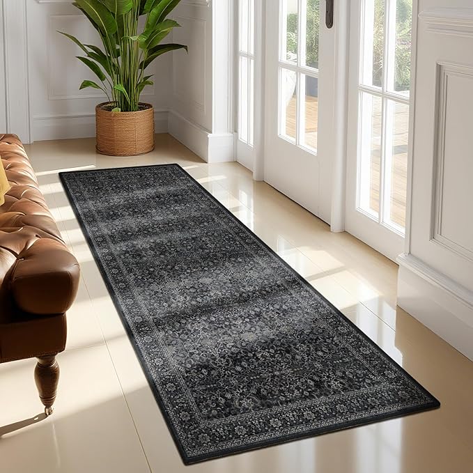 Charcoal Black 2x6 Runner Rug for Hallways Entryway, Vintage Earth Tone Kitchen Bathroom Runner 6ft, Non Slip Washable Low Pile Thin Carpet Runner for Mudroom/Laundry Room/Bedroom Bedside