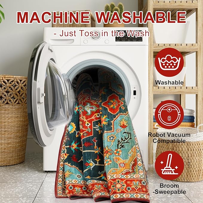 WILLSUN Washable Area Rugs, 3x5 Non-Slip Boho Large Area Rugs for Living Room, Bedroom, Machine Washable Vintage Rug, Indoor Floral Print Carpet for Home Decor, Kid & Pet Friendly Mat
