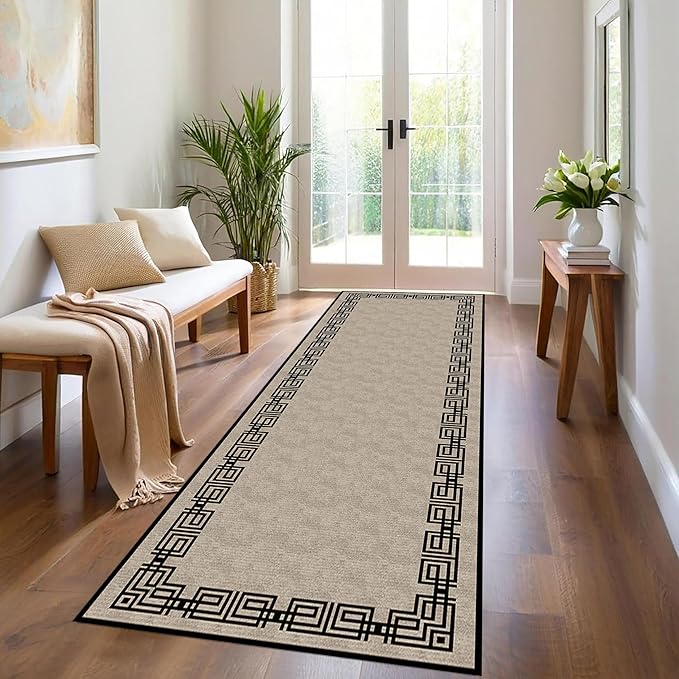 Vintage Tribal Hallway Rugs, 3.3x10ft, Southwest Brown Rustic Native Ethnic Greek Key Pattern Carpet Runners, Ultra-Thin Foldable Low Pile Distressed Rug for Dining Room Lounge