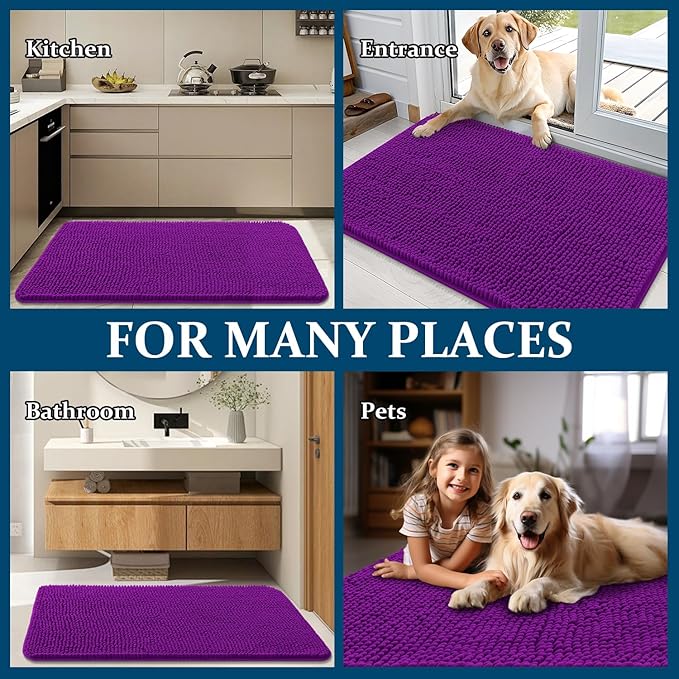 OLANLY Dog Door Mat for Muddy Paws 48x30, Absorbs Moisture and Dirt, Absorbent Non-Slip Washable Doormat, Quick Dry Chenille Mud Mat for Dogs, Entry Indoor Entryway Carpet for Inside Floor, Purple