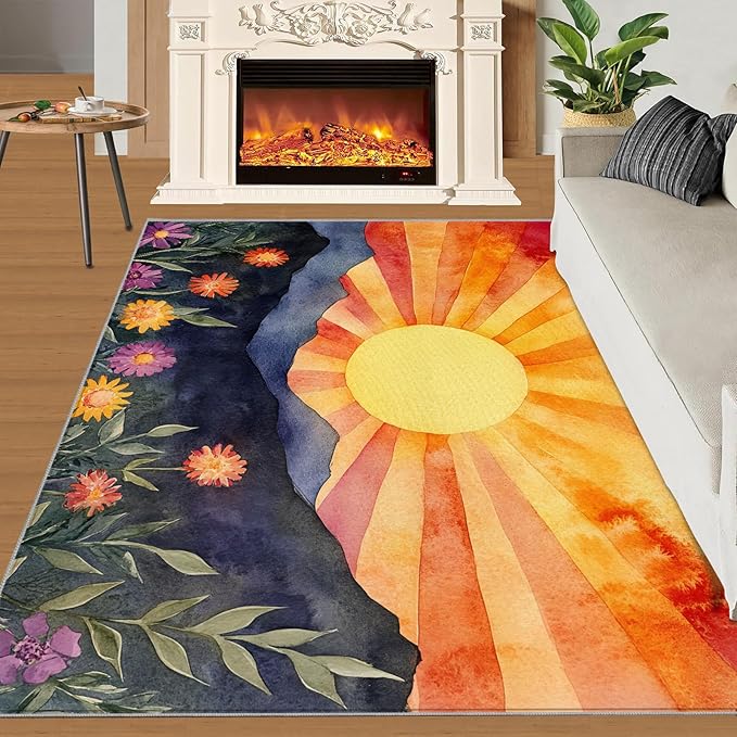 Boho Sun Area Rugs 6x8ft, Radiant Sunburst Living Room Area Rug, Geometric Solar Play Rug with Carpet Tape Double Sided for Bedroom Office Home Decor