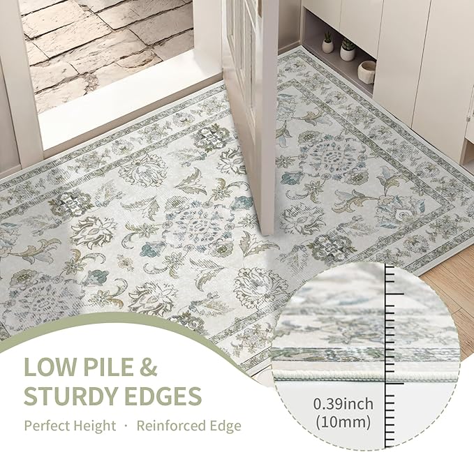 6x9 Washable Area Rugs Beige and Sage Green Vintage Boho Floral Farmhouse Rug for Living Room Bedroom, Non Slip Low Pile Carpet