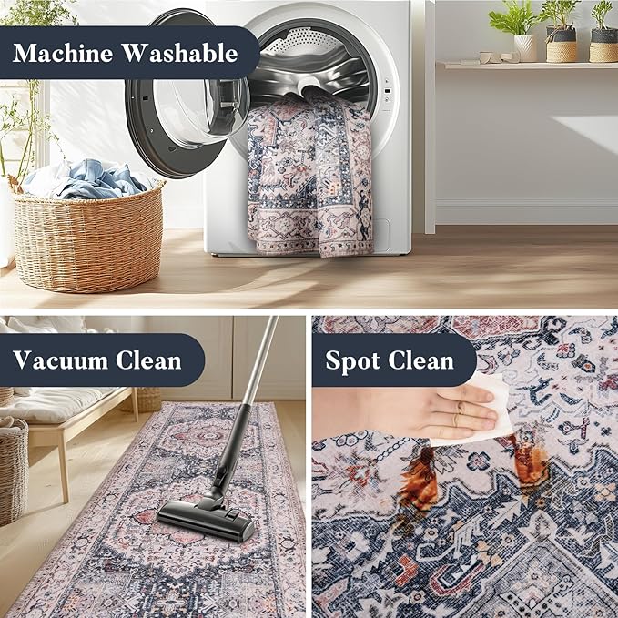 PURRUGS Vintage Farmhouse Boho Runner Rug 2x6 ft, Non-Slip Machine Washable Rug, Accent Oriental Area Rug for Kitchen, Hallway, Entryway, Bedroom, Living Room and Dining Room, Coral Red/Marine Blue