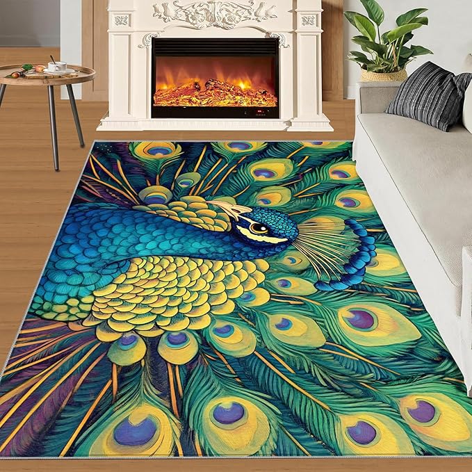Peacock Rug 4x6-4x6 Rug, Wonderful Peacock Area Rugs for Bedroom, Teal Turquoise Rugs for Living Room, Modern Style Washable Mat, Malachite Green Feather Carpet - Peafowl Home Decor & Gifts