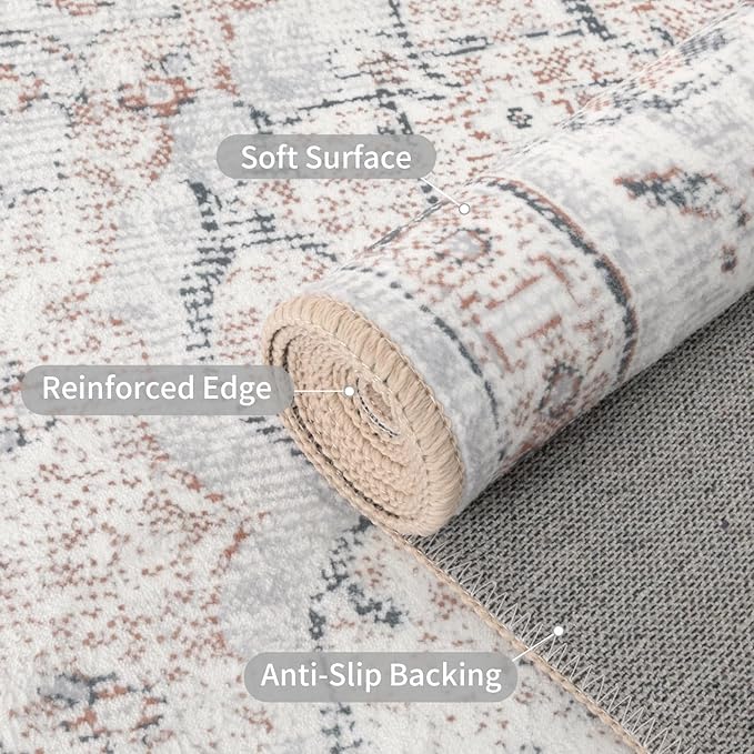 Easy-Going Round Area Rug 3ft Washable Boho Small Circle Rugs for Living Room Non-Slip Bedroom Rug Low Pile Lightweight Vintage Distressed Throw Rug for Dining Room Kitchen Home Office, Grey Brick