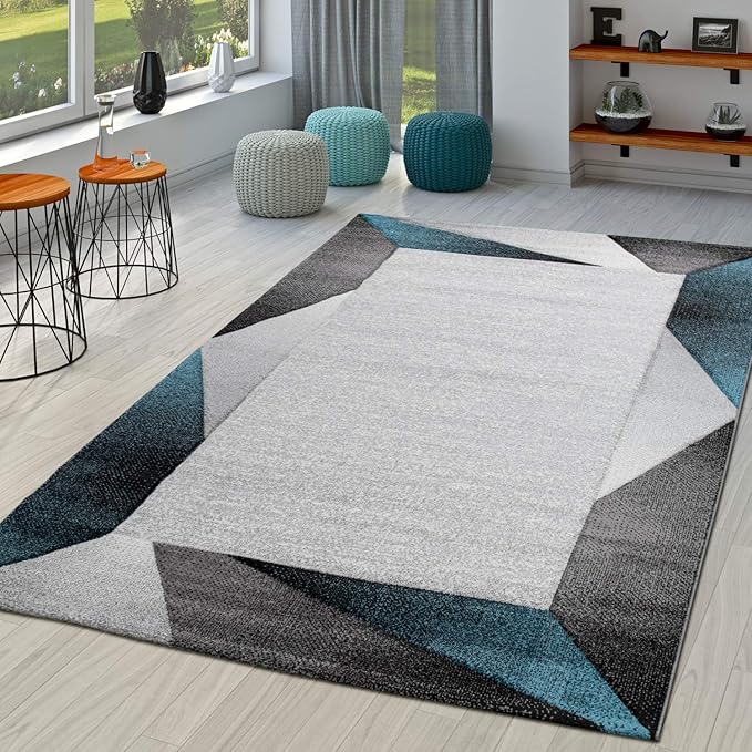 Paco Home Modern Area Rug Bordered with Geometric Pattern Turquoise Grey with Contour Cut, Size: 6'7" x 9'6"