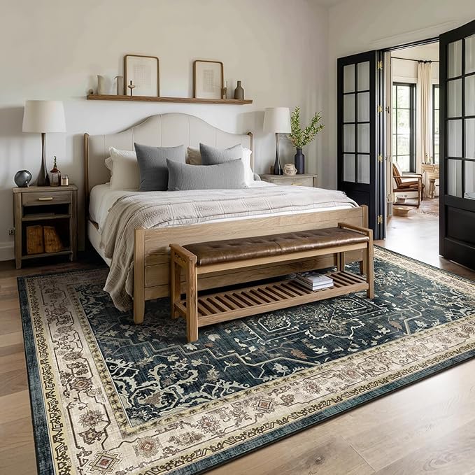 Large Vintage Area Rugs 9x12 for Living Room, Dark Distressed Medallion Printed Big Carpet Rugs for Bedroom, Washable Non Slip Low Pile Thin Rugs for Dining Room, Midnight/Multi