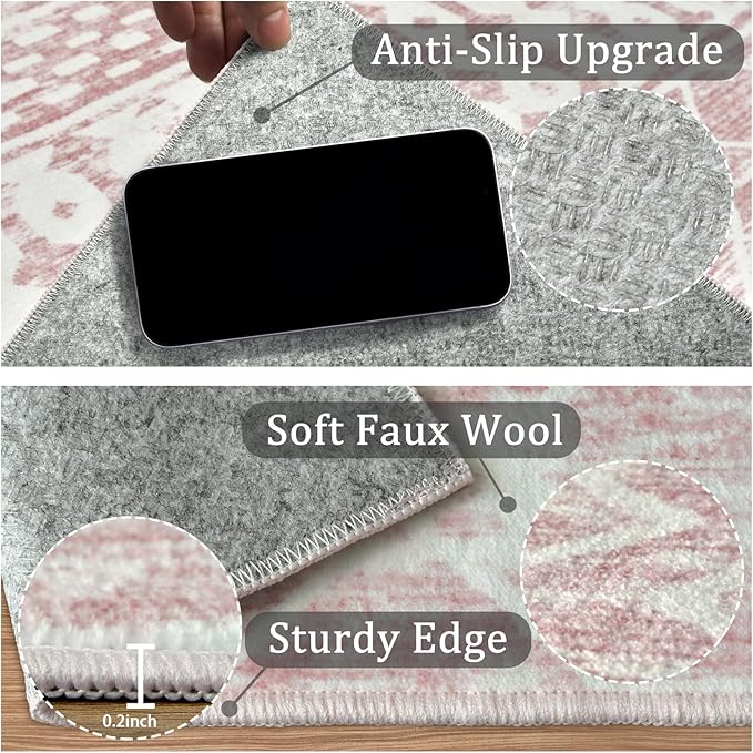 2x3 Machine Washable Area Rug for Entryway, Pink Vintage Moroccan Rug Non-Slip Low Pile Soft Faux Wool Small Carpet, Kids and Pets Friendly for Bedroom Kitchen Hallway Home Decor Rug