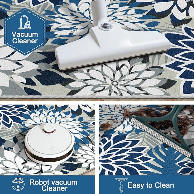 2x6 Washable Runner Rug for Hallway Tropical Botanical Modern Floral Chenille Kitchen Rugs Low Pile Non Slip Carpet for Patio, Bedroom, Laundry, Blue