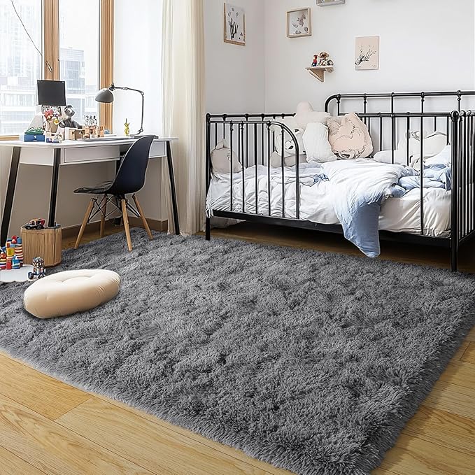 Dark Gray Fluffy Rug Plush Carpet for Bedroom Dorm, Non-Slip High Pile Rug, Shag Rug for Playroom Nursery Home Office Decor 5X7Ft