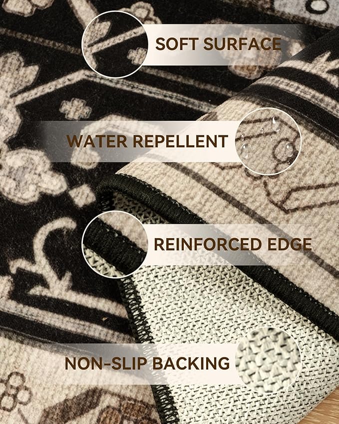 Area Rugs 5ft Washable Non-Slip, Floral Vintage Distress Print Pattern Medallion Carpet for Living Room Bedroom Dining Room, Black Brown Neutral Dark Tan