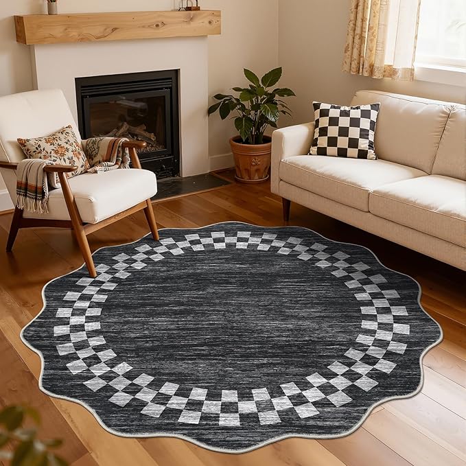 GarveeHome Scalloped Round Rug 4ft Modern Solid Color Circle Rugs Non Slip Low Pile Living Room Throw Carpat Washable Bedroom Scalloped Round Area Rug Stain Resistant Bordered Rug for Kitchen, 4'x4'
