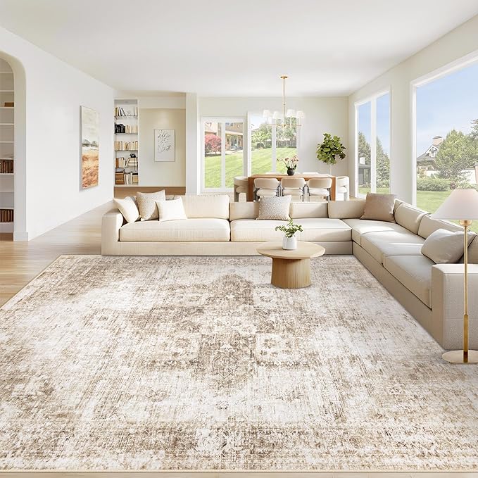 Area Rug 10x14 Washable Rug, Vintage Boho Medallion Rugs Non-Slip Soft Low Pile Large Distressed Rug Indoor Retro Carpet for Living Room Bedroom Dining Room Home Office (Brown, 10'x14')
