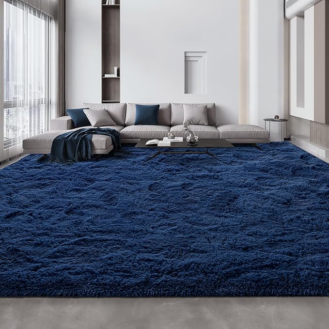 Large Shag Area Rugs 10 x 14, Plush Fuzzy Rugs for Living Room, Ultra Soft Fluffy Furry Rug for Bedroom, Anti-Skid Indoor Solid Carpet Nursery Rugs for Kids Room Home Decor, Navy Blue