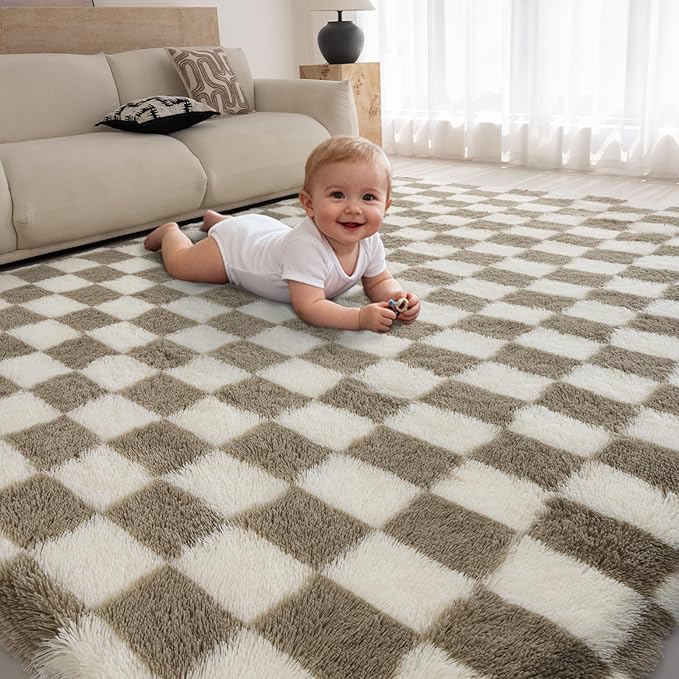 4x6 Area Rugs for Living Room Bedroom, Soft Fluffy Shaggy Bedside Rug, Indoor Floor Carpet for Kids Playroom, Dorms, Nursery Rooms, Home Decor (Camel & White 4'x6')