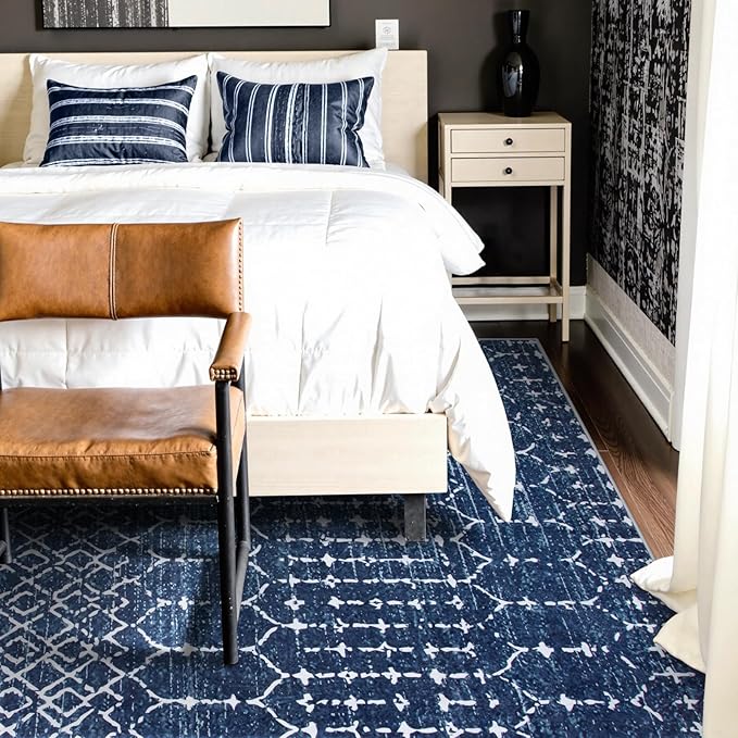 Lahome Moroccan Blue Rugs for Living Room Washable Rugs 8x10 Non-Slip Ultra-Thin Extra Large Area Rug Throw Stain Resistant Rug for Dining Room Table, Geometric Print Modren Rug for Bedroom Office