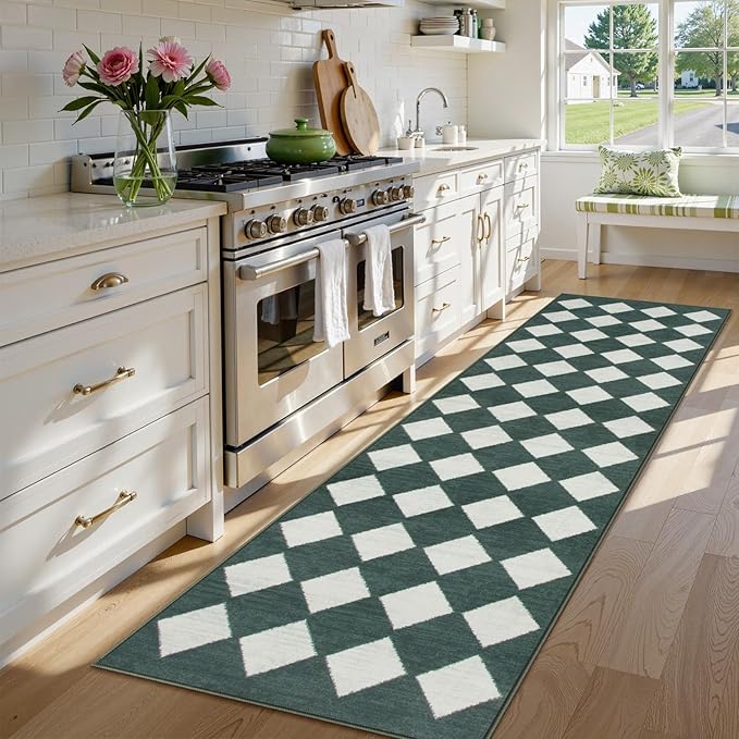 Lahome Checkered Washable 2x8 Green Runners for Hallways Non Slip, Ultra-Thin Kitchen Bathroom Runner Rugs, Moroccan Trellis Throw Carpet Runner for Bedroom Entryway Decor (2'x8',Dark Green)