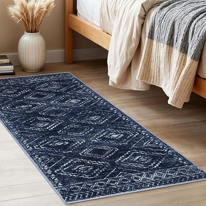 KILOCOCO Boho Kitchen Runner Rug 2x5 Washable Runner Rug, Soft Runners for Hallways Non Slip Printed Distressed Laundry Room Rugs, Low-Pile Rugs for Entryway/Bedroom/Living Room, Dark Blue