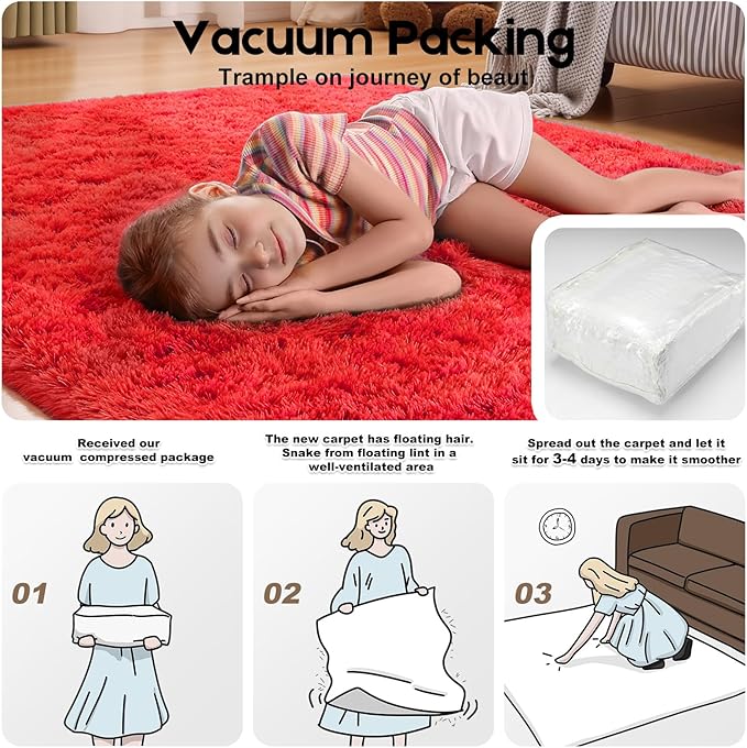 2x3 Red Rug for Bedroom Living Room, Fluffy Small Area Rug Soft Shag Carpet for Kids Boys and Girls Room with 4 Rugs Non-Slip Stickers Dorm Home Decor (2ft x 3ft)