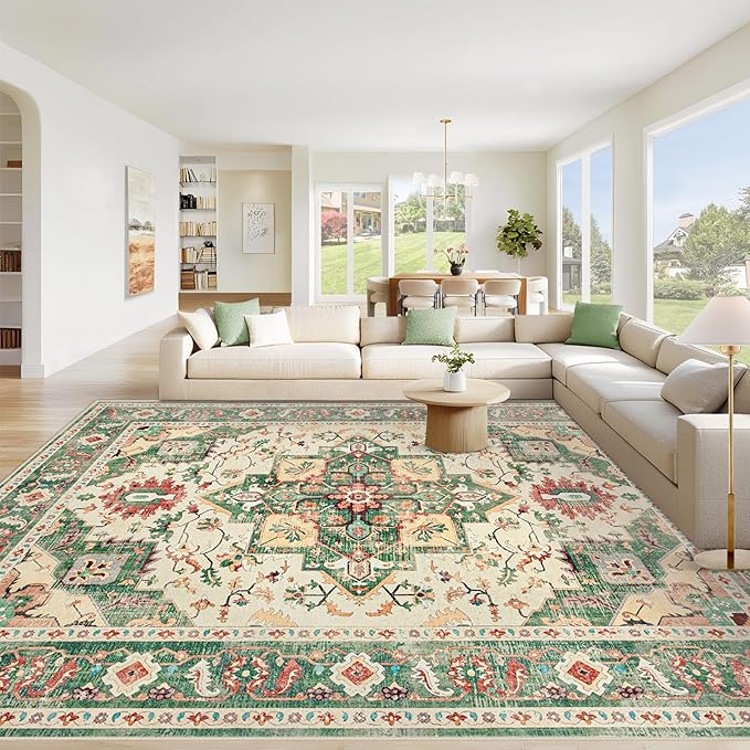 Area Rug 9x12 Washable Rug, Vintage Boho Medallion Rugs Non-Slip Soft Low Pile Large Distressed Rug Indoor Retro Carpet for Living Room Bedroom Dining Room Home Office (Green Beige, 9'x12')