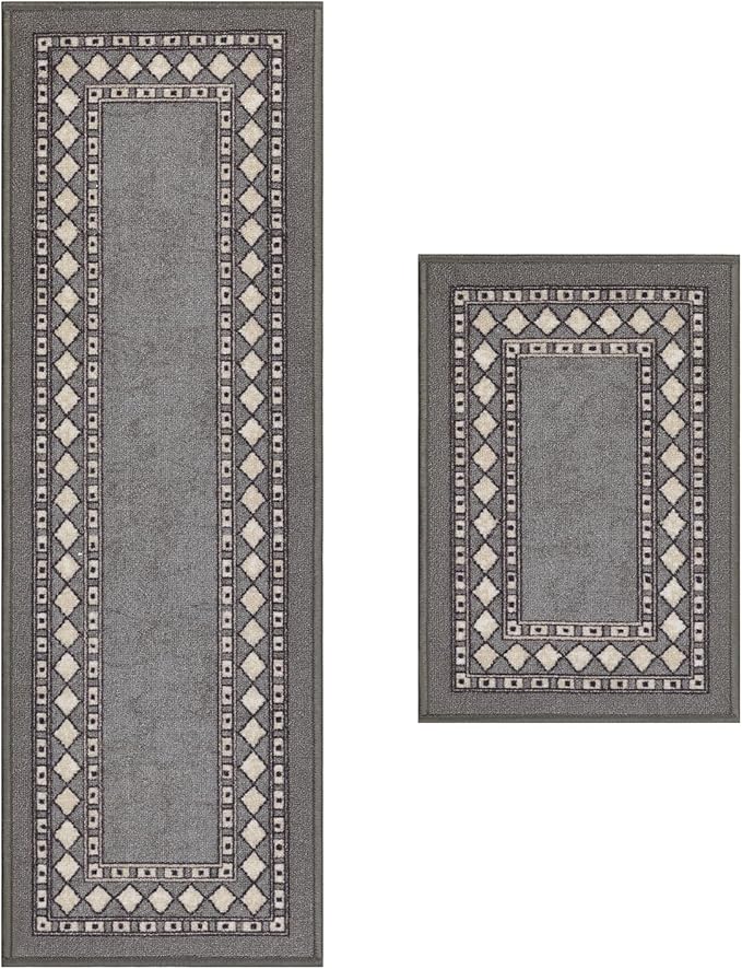 Antep Rugs Alfombras Modern Bordered 2pc Non-Skid (Non-Slip) Low Profile Pile Rubber Backing Indoor Kitchen Runner Rugs (Gray, 2pc Set)